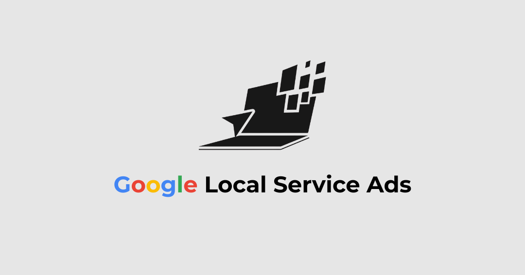Stylized black-and-white graphic of a laptop with pixel squares emerging, 'Google Local Services Ads' text below.