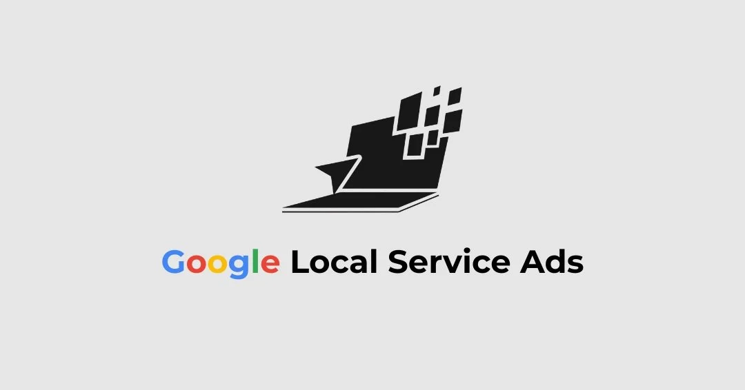 Stylized black-and-white graphic of a laptop with pixel squares emerging, 'Google Local Services Ads' text below.