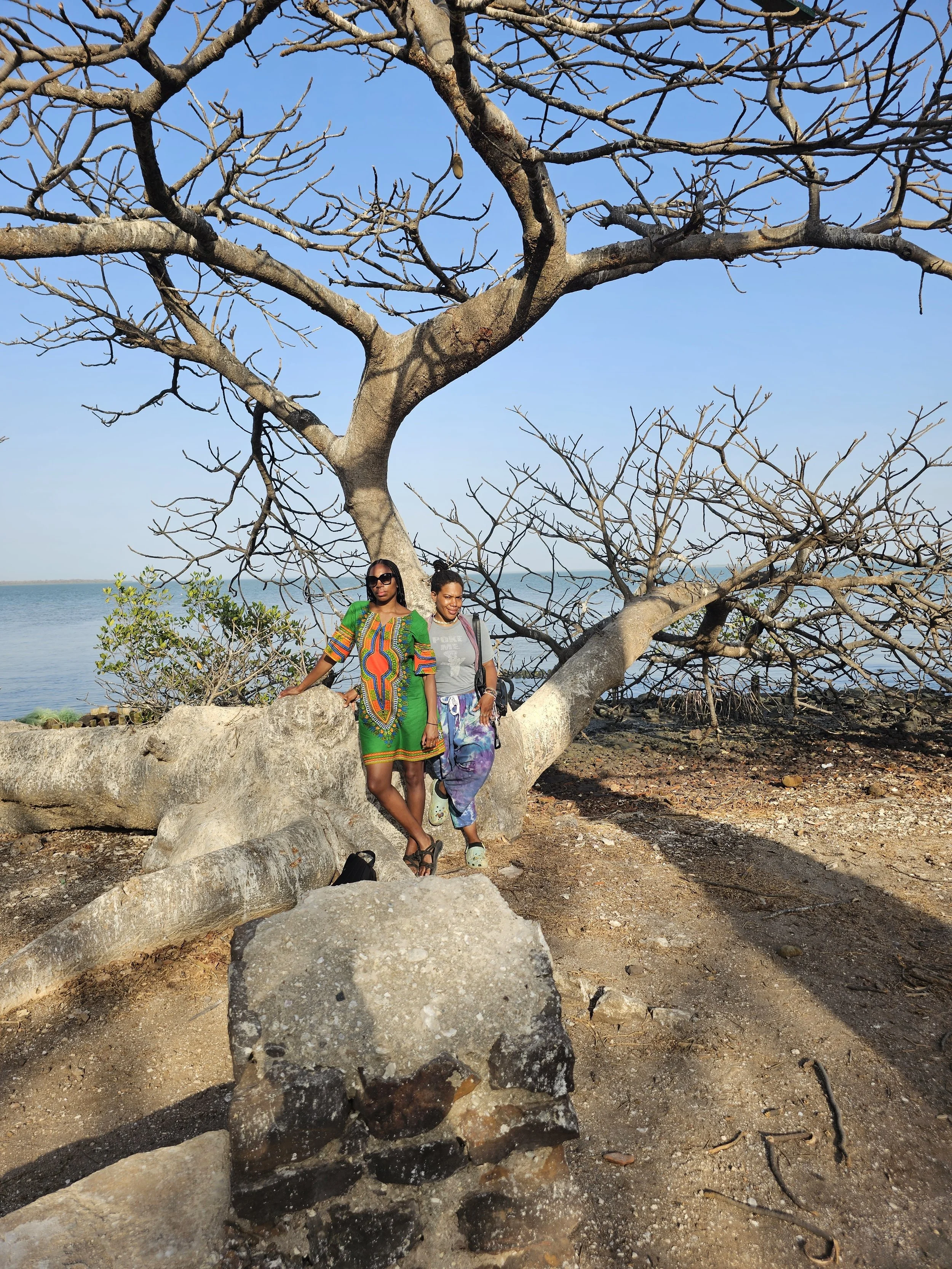 Nandi and tour member standing somberly next to the baobab tree on Kunta Kinteh Island.