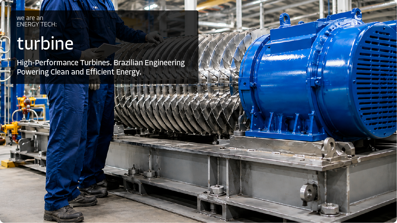 Sistema de potência da Hardrada Energy Tech Turbina de alto desempenho integrada à plataforma de termoconversão, desenvolvida para apoiar a geração de energia eficiente e o aproveitamento dos fluxos energéticos do processo industrial.