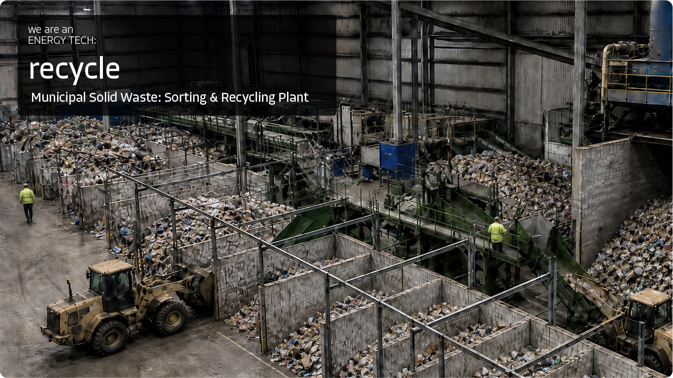 Sistema completo de reciclagem de resíduos sólidos urbanos Unidade industrial dedicada à triagem, separação e valorização de RSU, com esteiras, baias de processamento e equipamentos para recuperar materiais recicláveis e preparar os resíduos para nov