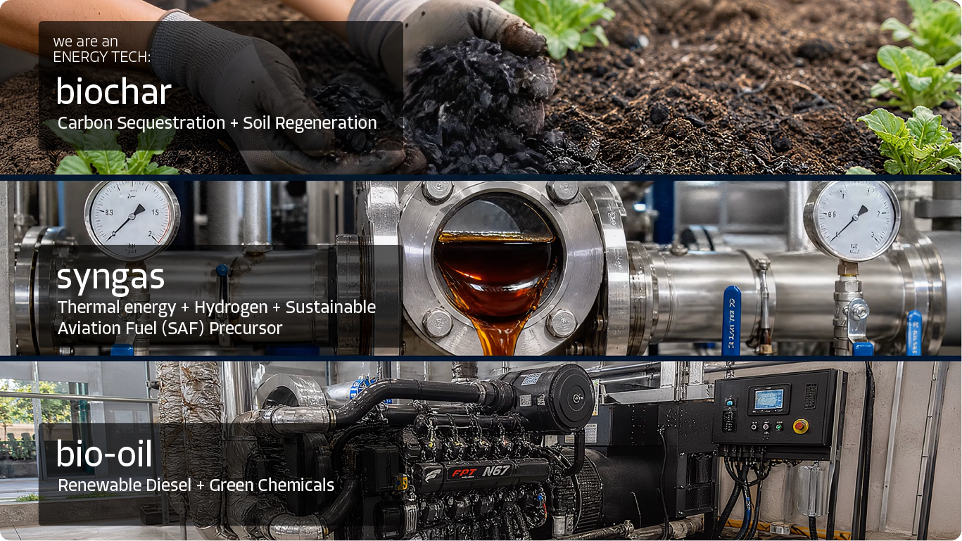 Produtos da pirólise avançada A tecnologia da Hardrada transforma biomassa residual em três fluxos de valor: biochar, associado ao sequestro de carbono e à regeneração do solo; syngas, direcionado à geração de energia térmica, hidrogênio e aplicações