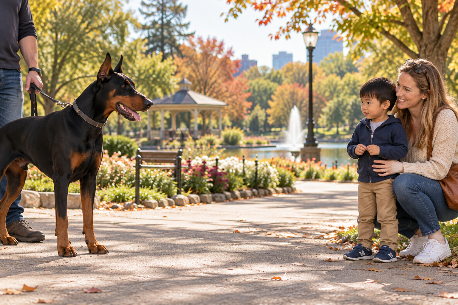Parent and young child calmly watching a leashed dog from a safe distance in a park.
