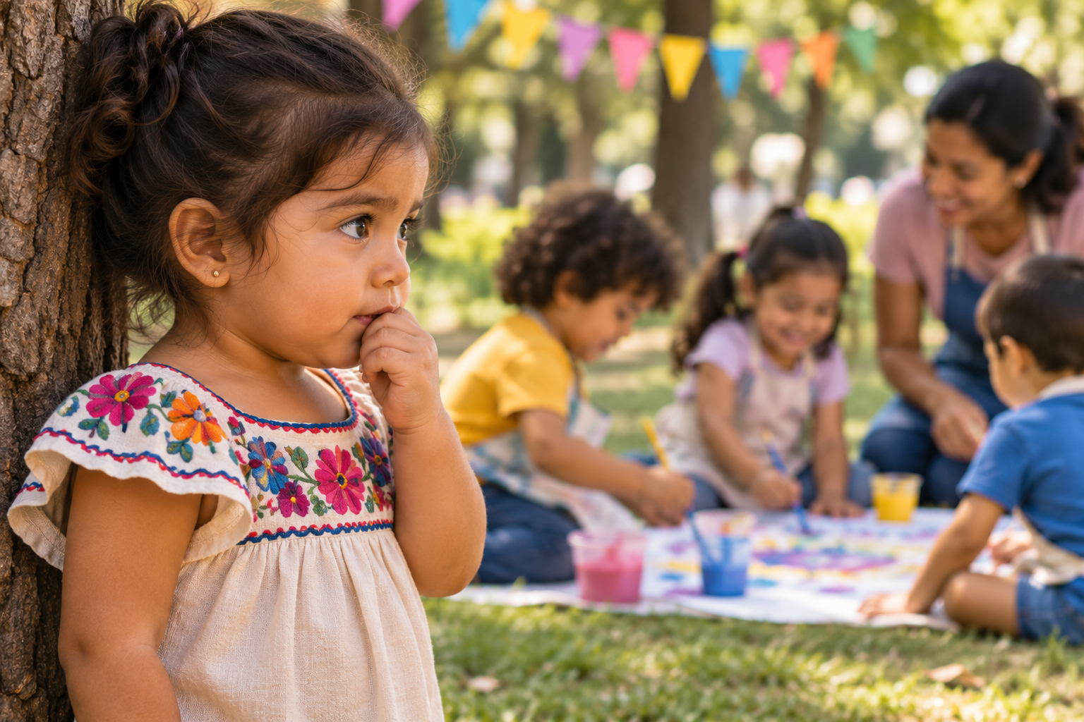Young child watching a new activity from a short distance before deciding whether to participate.