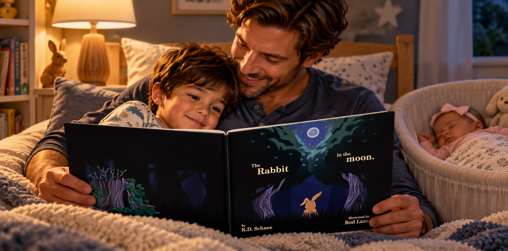 Parent reading a picture book with an older child while a newborn baby sleeps nearby.