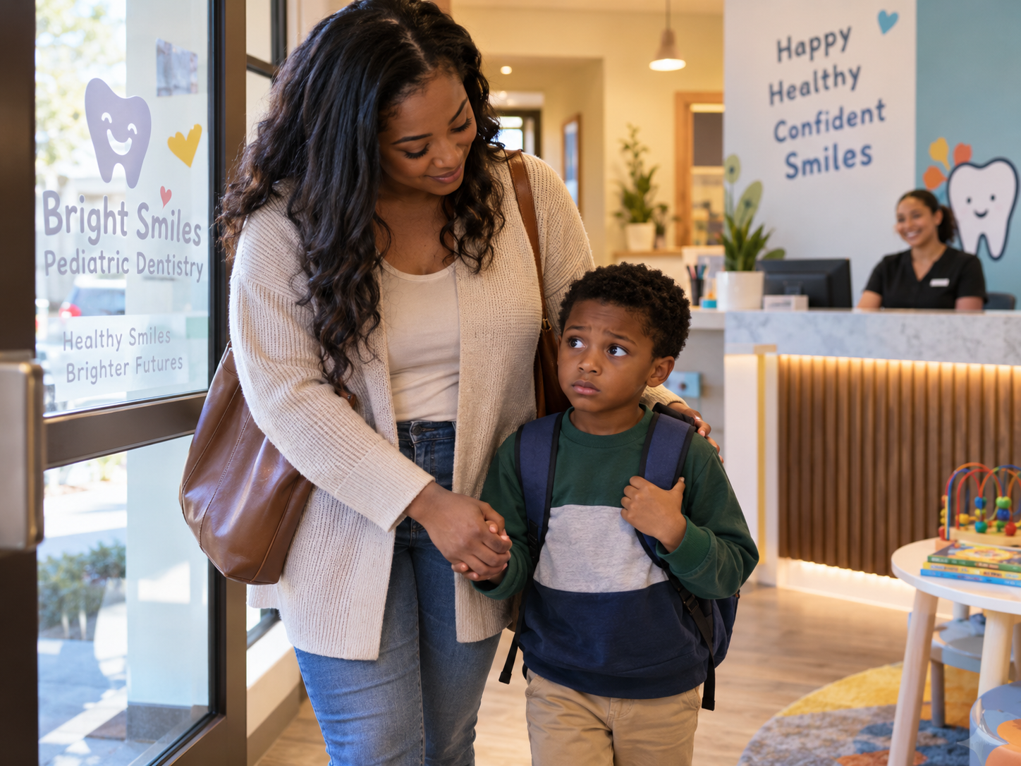 Parent walking their nervous child to a dentist visit.