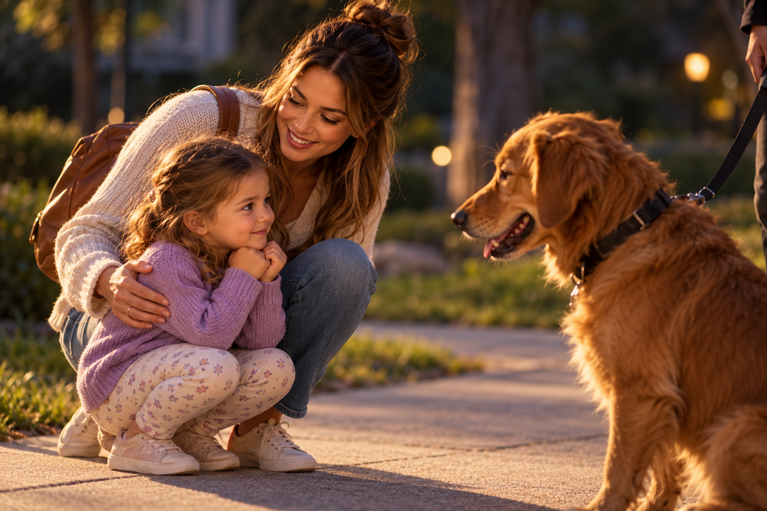 Parent helping a young child feel calmer while watching a friendly leashed dog from a comfortable distance.