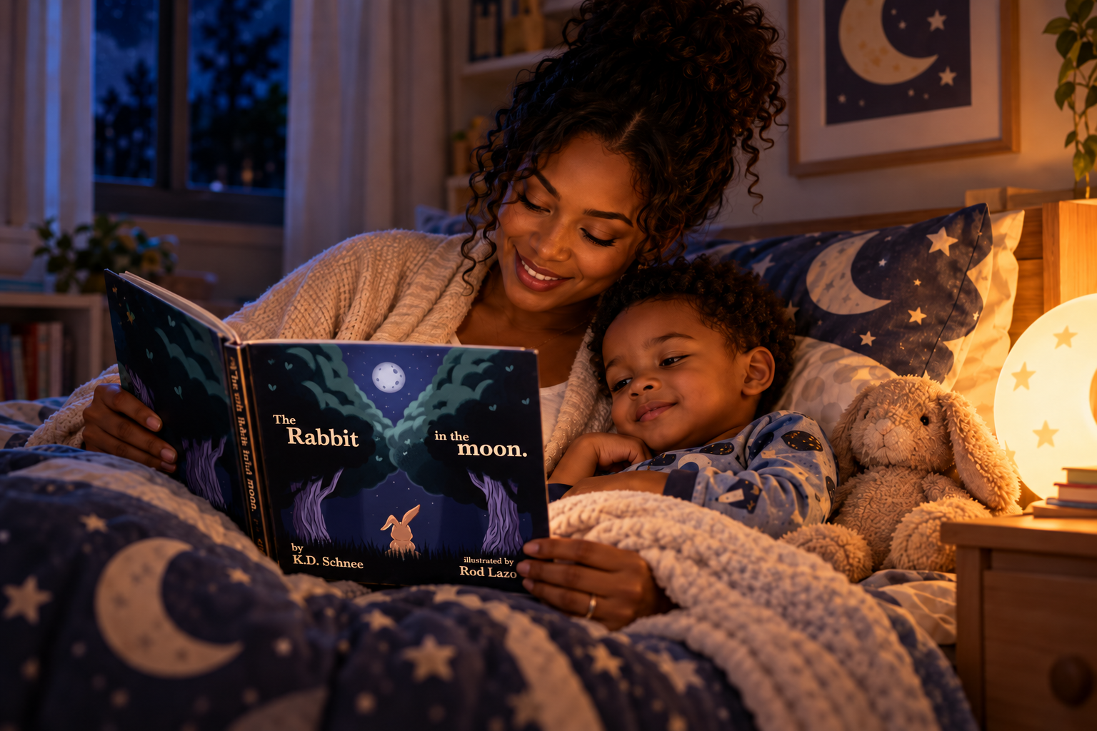 Parent reading a picture book with a toddler before bedtime while a soft nightlight glows nearby.