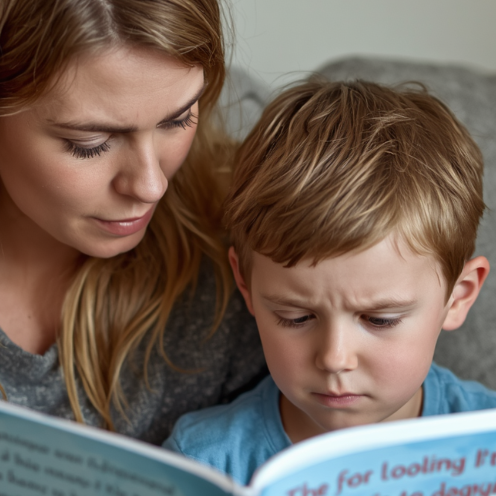 A parent reads a picture book with a worried child, showing how stories can help children talk about anxiety, feel safer, and take one small brave step.