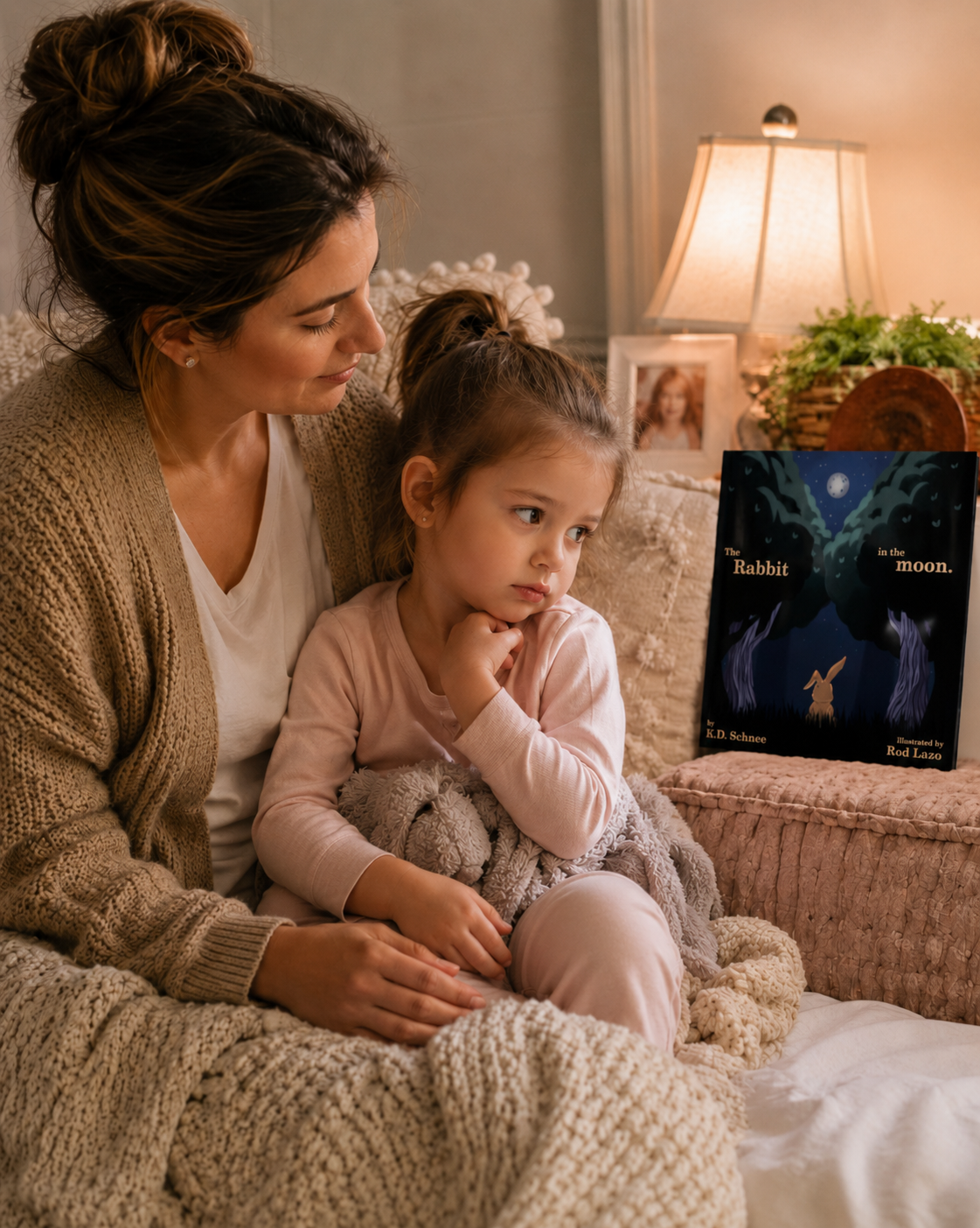 A reluctant young reader sitting beside a parent with The Rabbit in the Moon nearby, showing how gentle read-aloud routines can help children come back to books without pressure.
