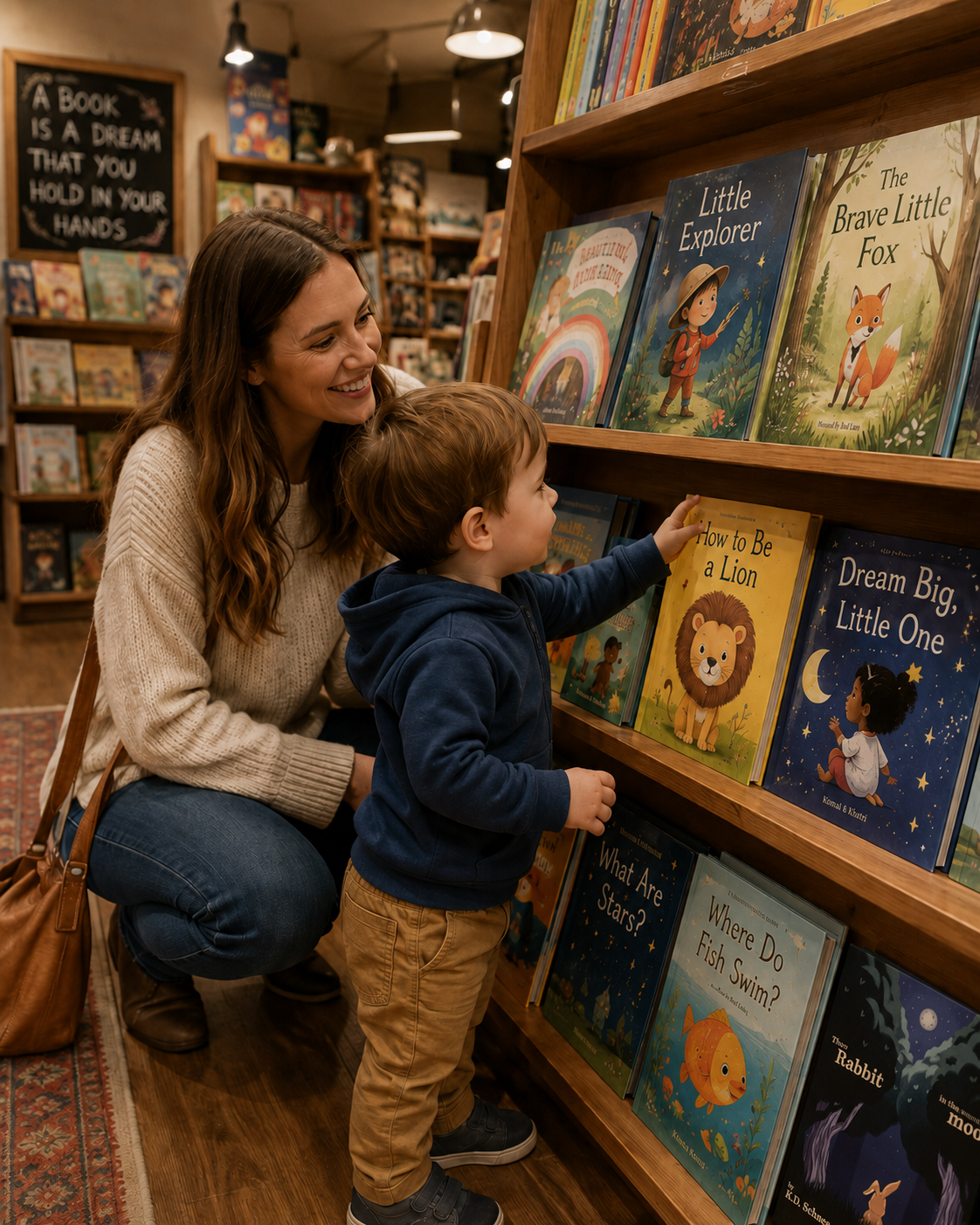 A parent and child browsing a bookstore shelf of popular children’s books, showing how families choose picture books children want to read again.