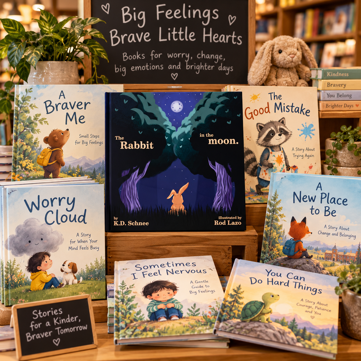 Selection of picture books for anxious and worried children, including stories about worry, separation, mistakes, change, and hesitation.