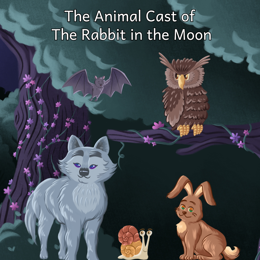 An image of the animal cast of the Rabbit in the Moon. She-wolf, Snail, Bat, Yabbit the Rabbit, Owl.
