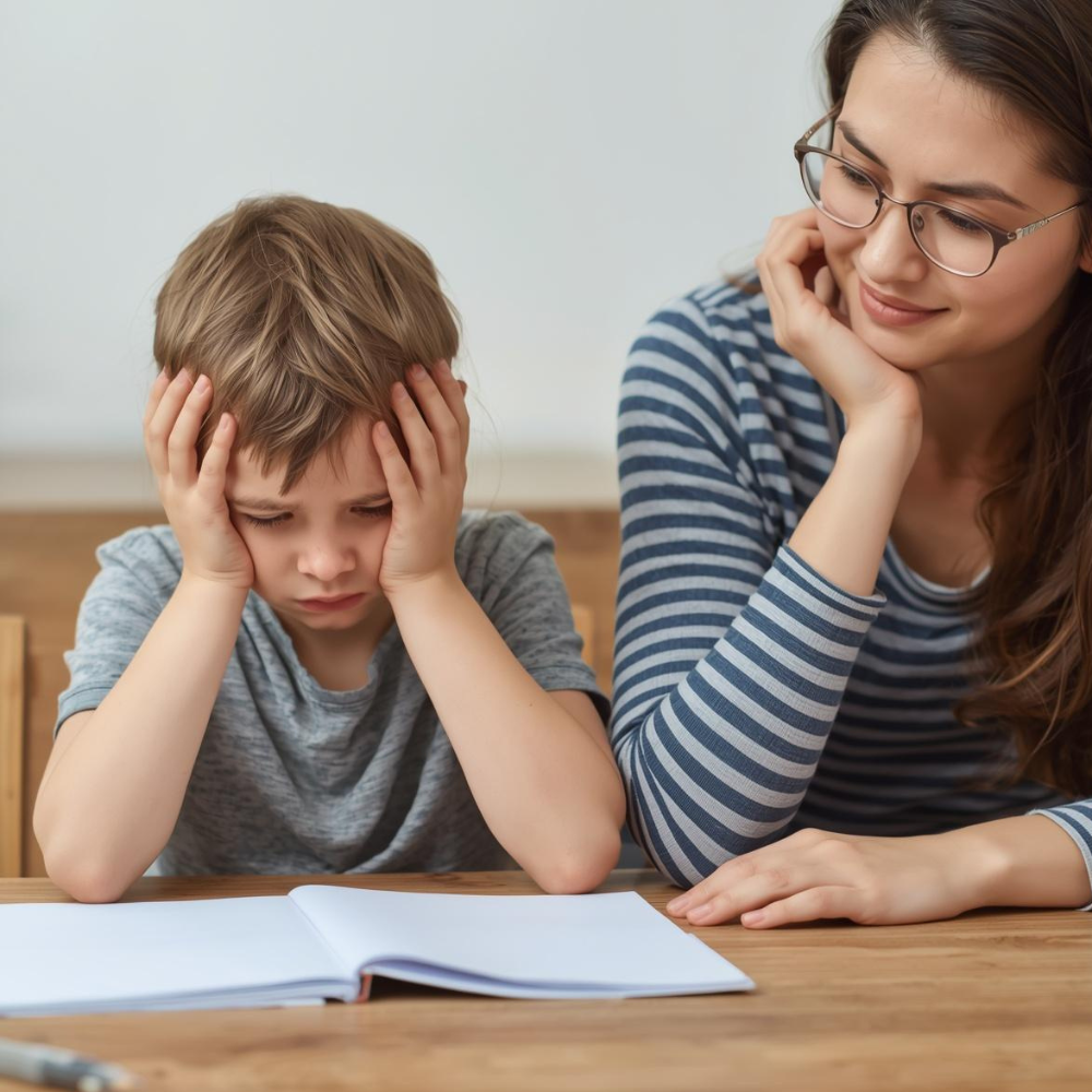 Child staring at a blank page or unfinished project with tense posture while a parent sits nearby calmly