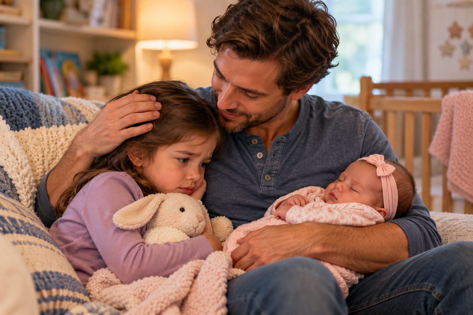 Parent comforting an older young child while holding a new baby during a period of sibling adjustment and regression.