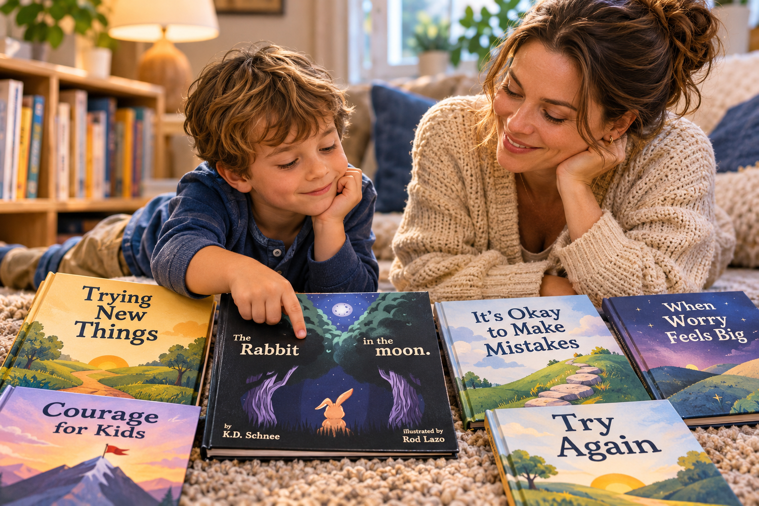 Parent and child comparing courage picture books for hesitation, mistakes, worry, and trying again.