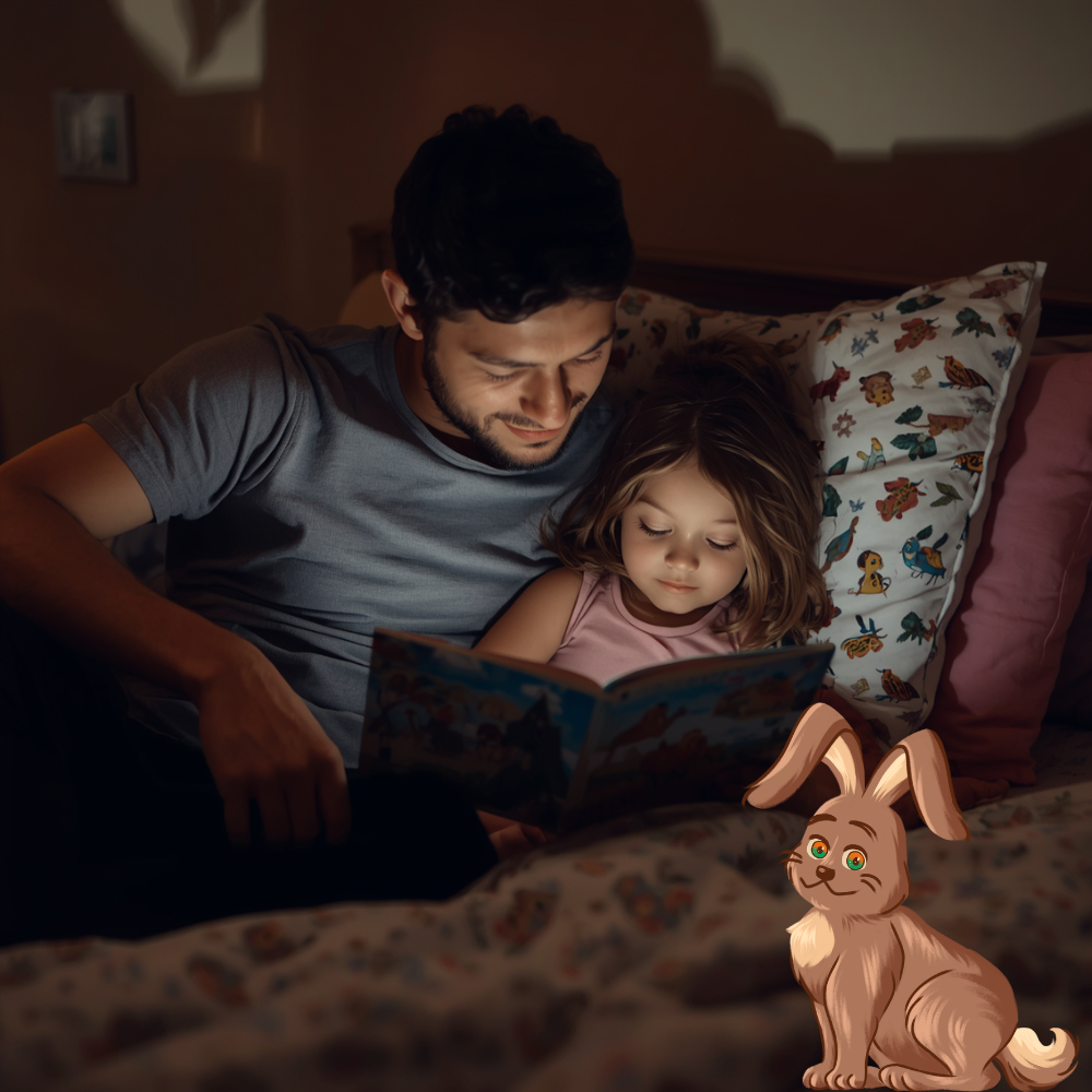 Parent reading a soothing bedtime picture book to an anxious child to help nighttime worries feel smaller and safer