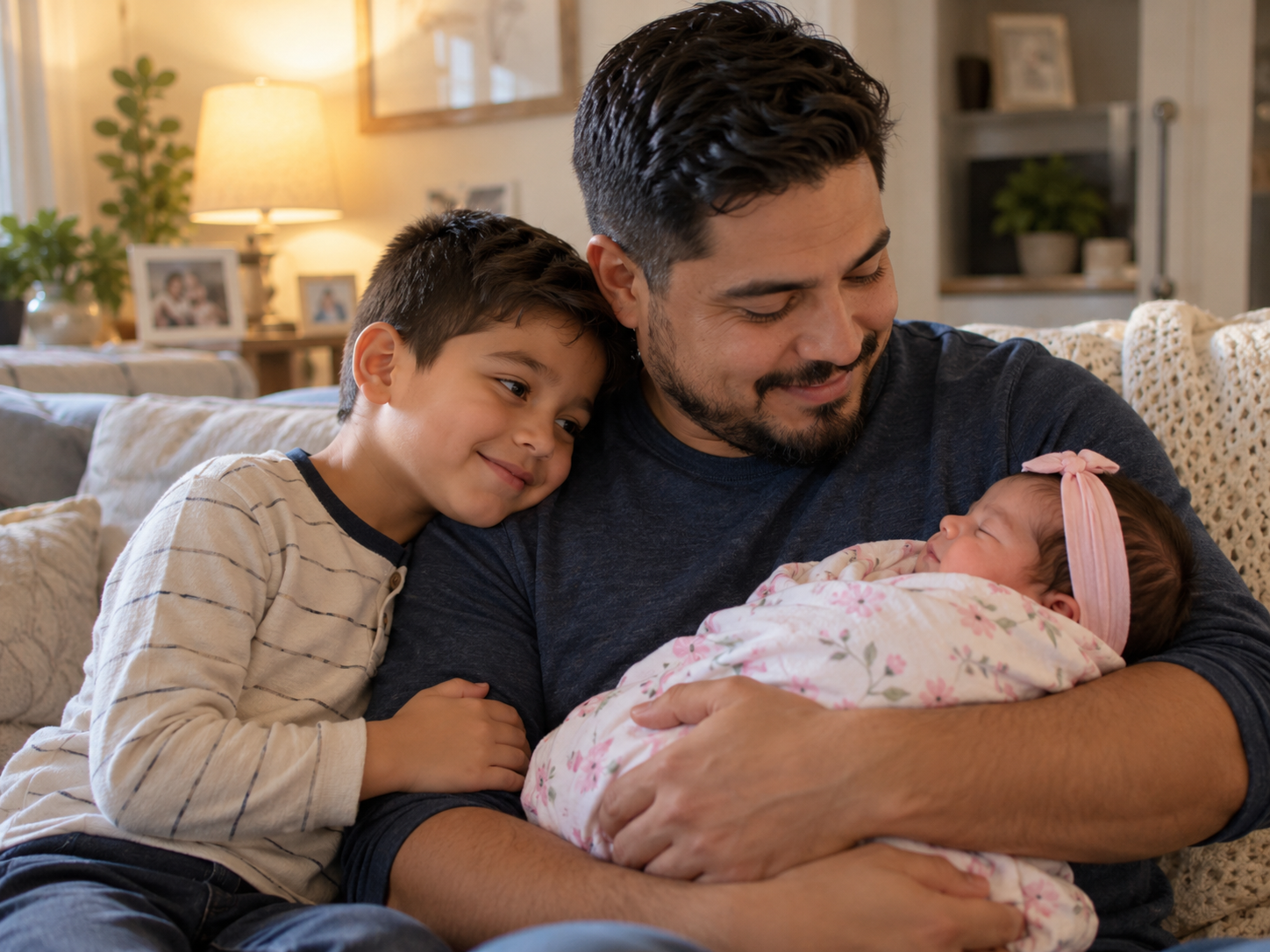Older young child leaning against a parent who is holding a newborn baby at home.