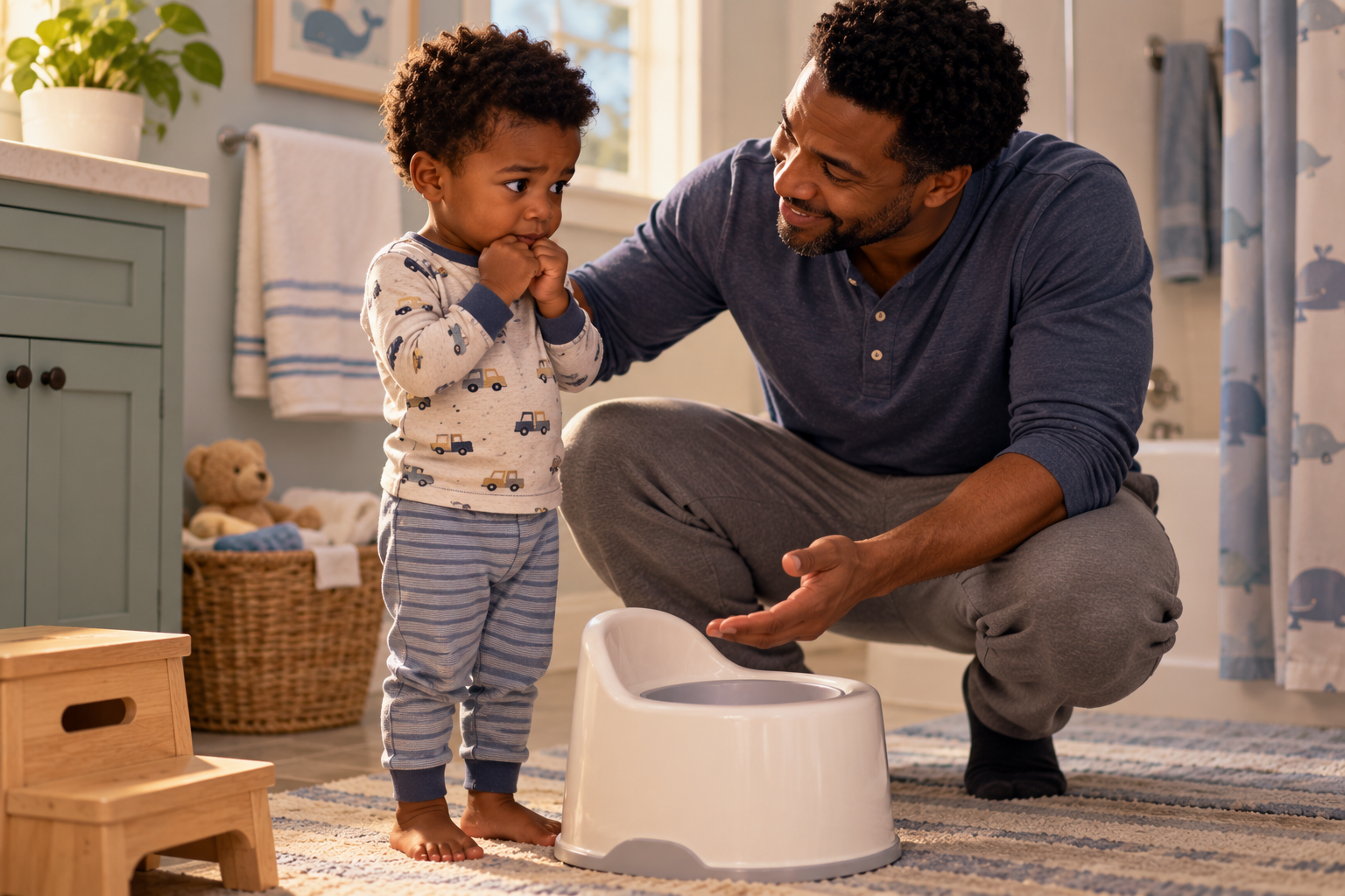 Nervous toddler standing beside a potty while a parent calmly helps make toilet training feel less intimidating.