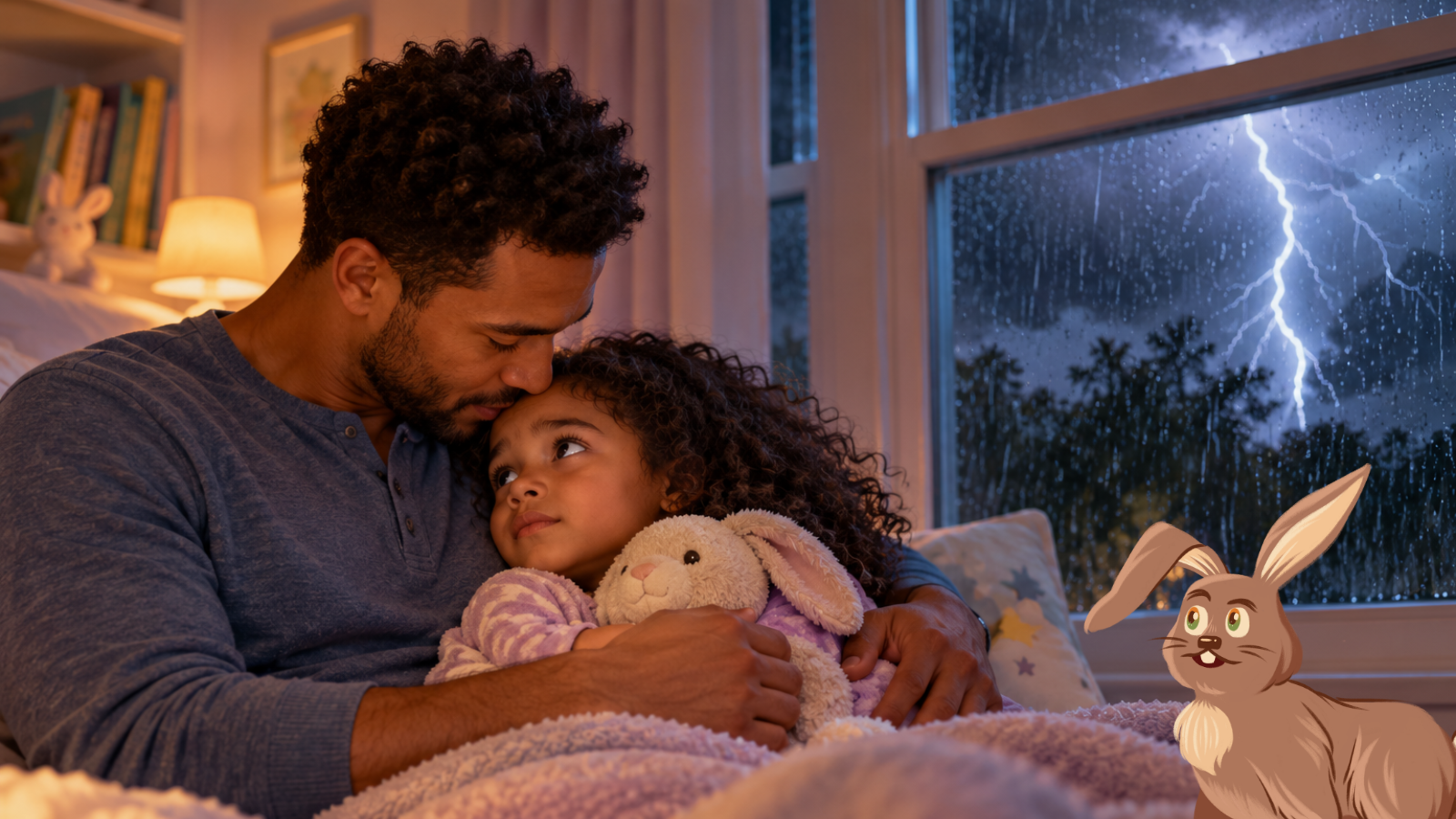 Parent comforting a child during a thunderstorm while helping them feel safe without increasing fear.