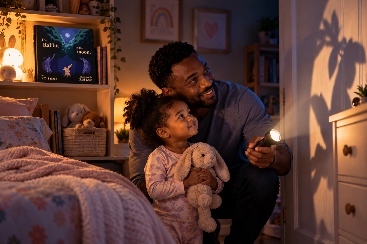 Parent and young child looking around a bedroom together before bedtime to understand nighttime shadows.