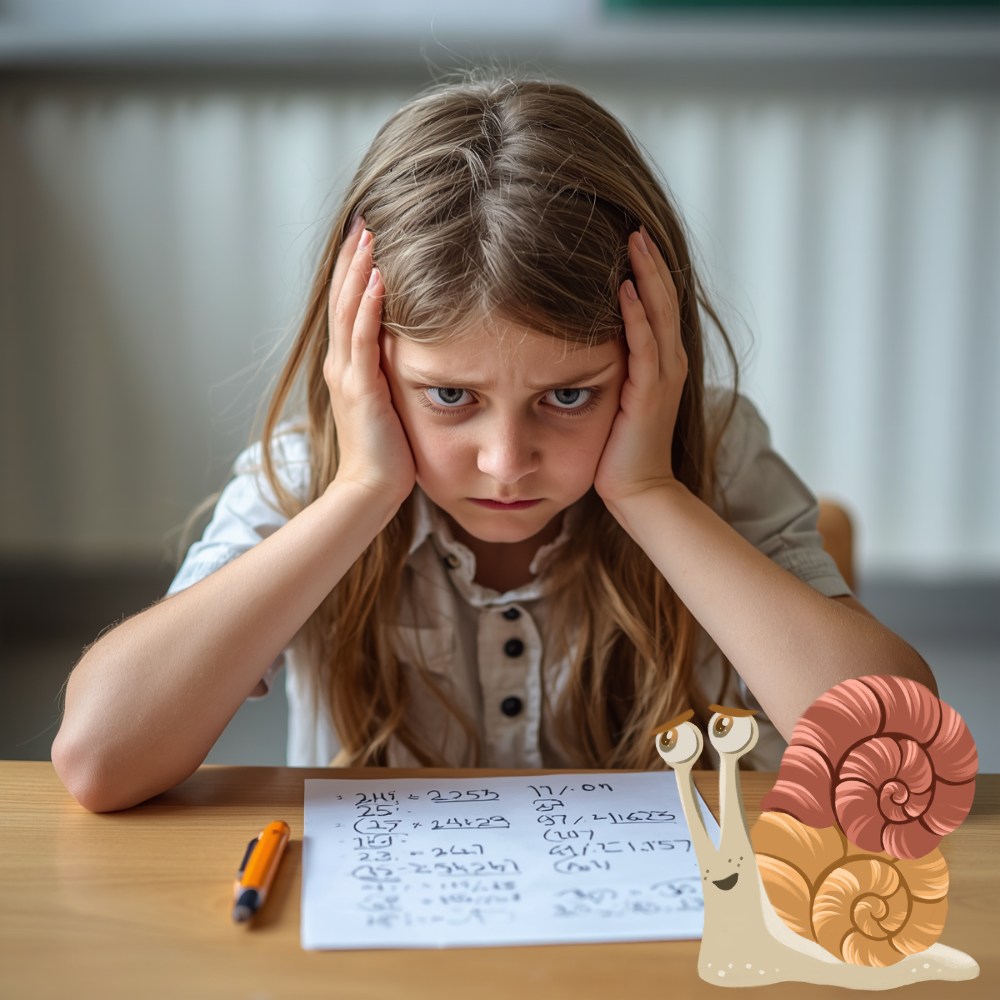 A young girl sitting at her school desk nervously looking at a math test, showing how test anxiety can make pressure feel bigger for children.