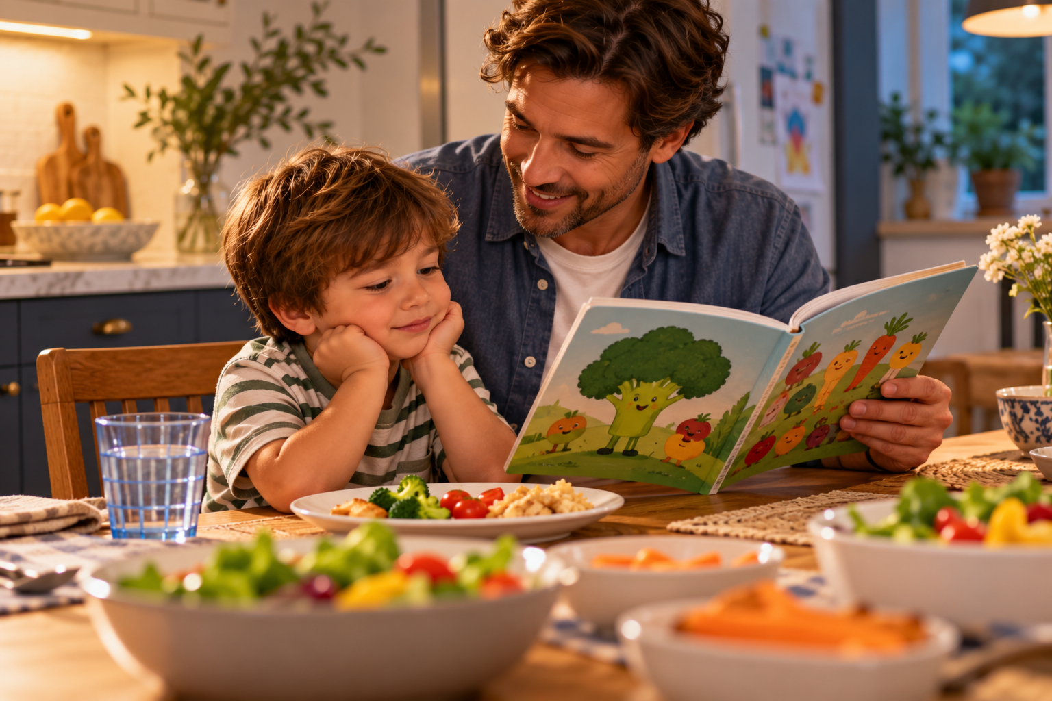 Parent reading a picture book about food with a picky young child before a relaxed family meal.