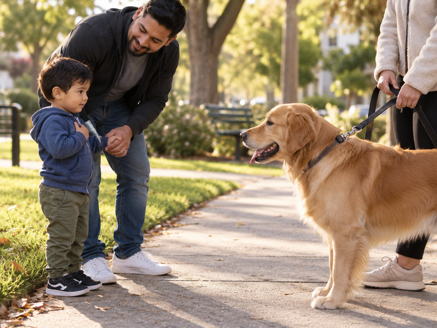 Young child holding a parent’s hand while calmly watching a leashed dog from a comfortable distance.