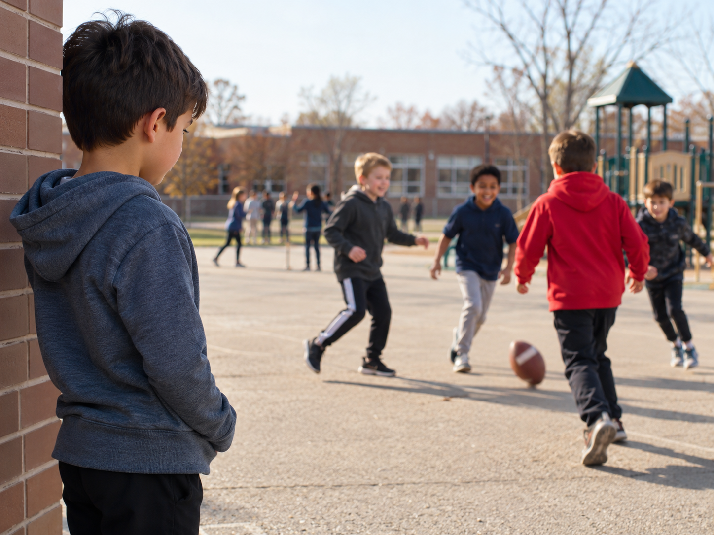 Shy elementary school child watching classmates play at recess while considering how to join the group.