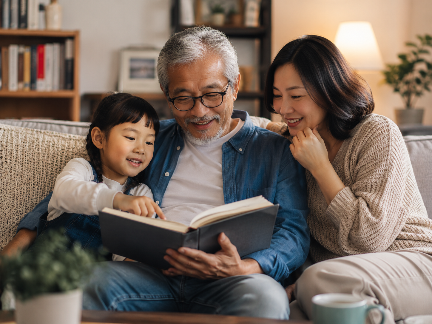 An aging parent reading with family, representing how reading, connection, and cognitive engagement may support brain health and memory.