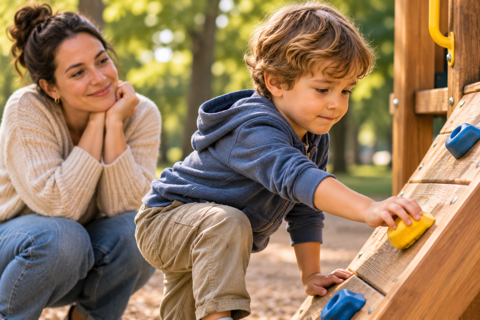 Hesitant young child beginning a new activity while a parent watches calmly without pressure.