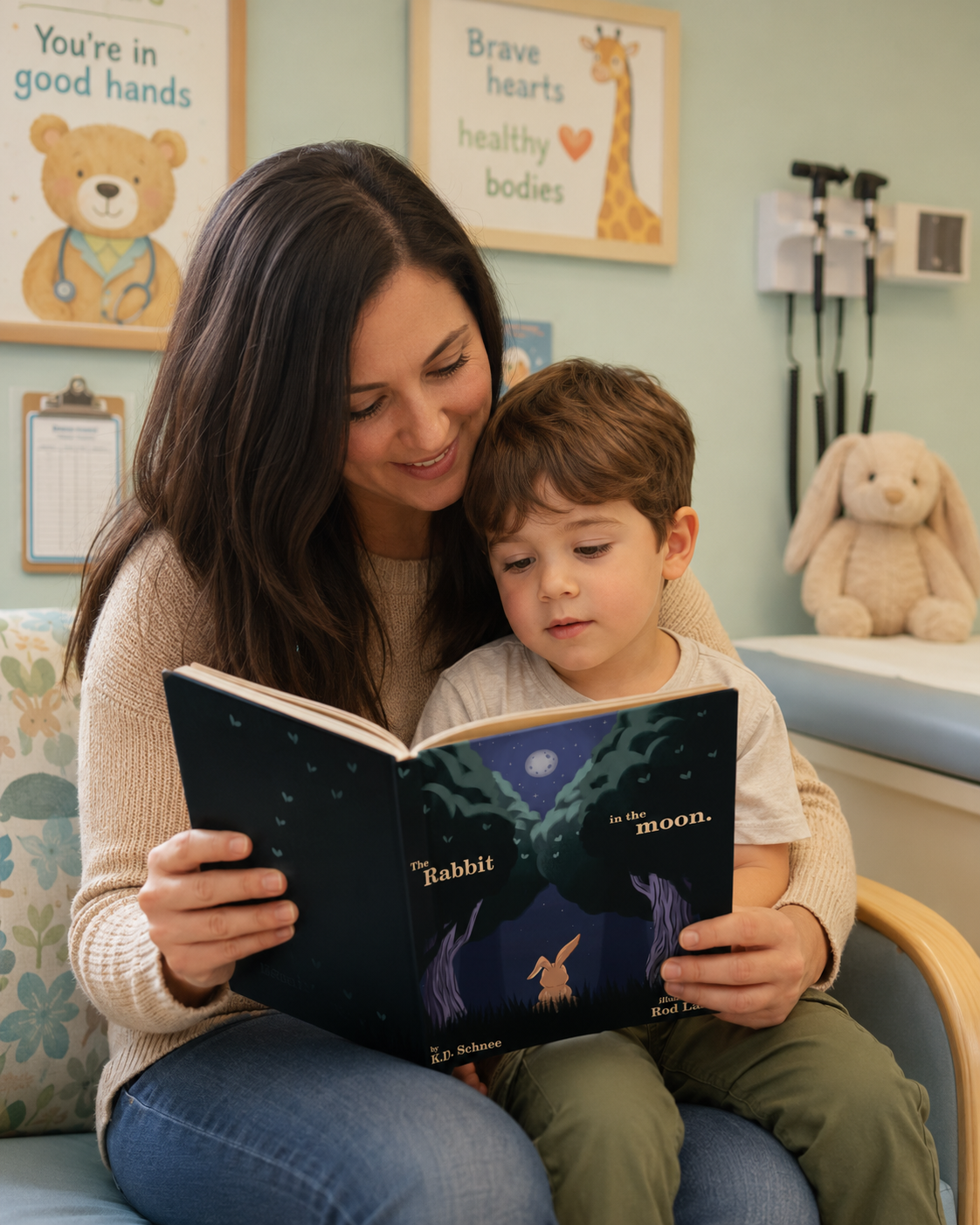A parent reading The Rabbit in the Moon with a child before a doctor visit, showing how picture books can help children feel safer before medical moments.