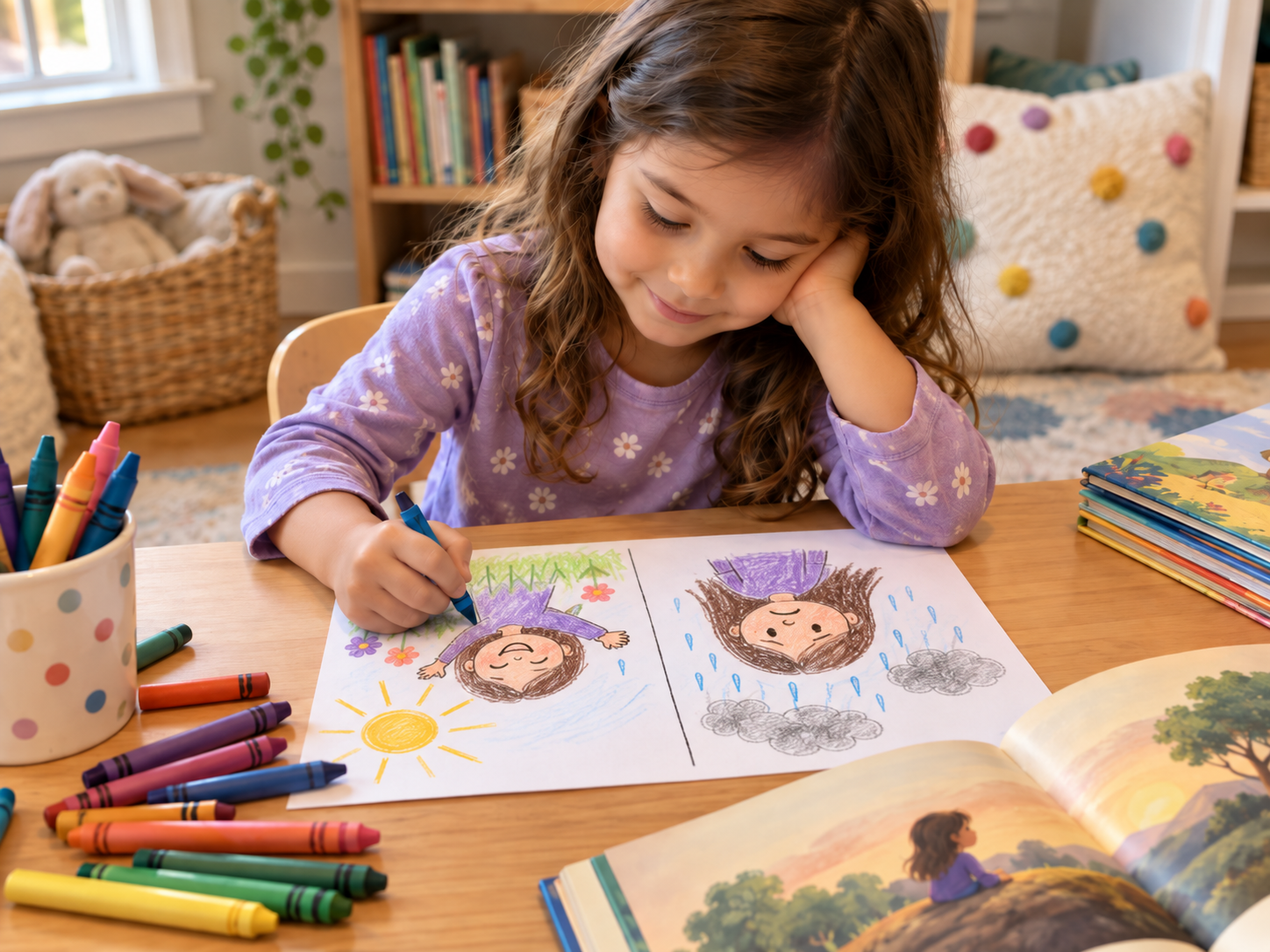 Child drawing two emotional moments from a picture book to compare how a character’s feelings change during the story.