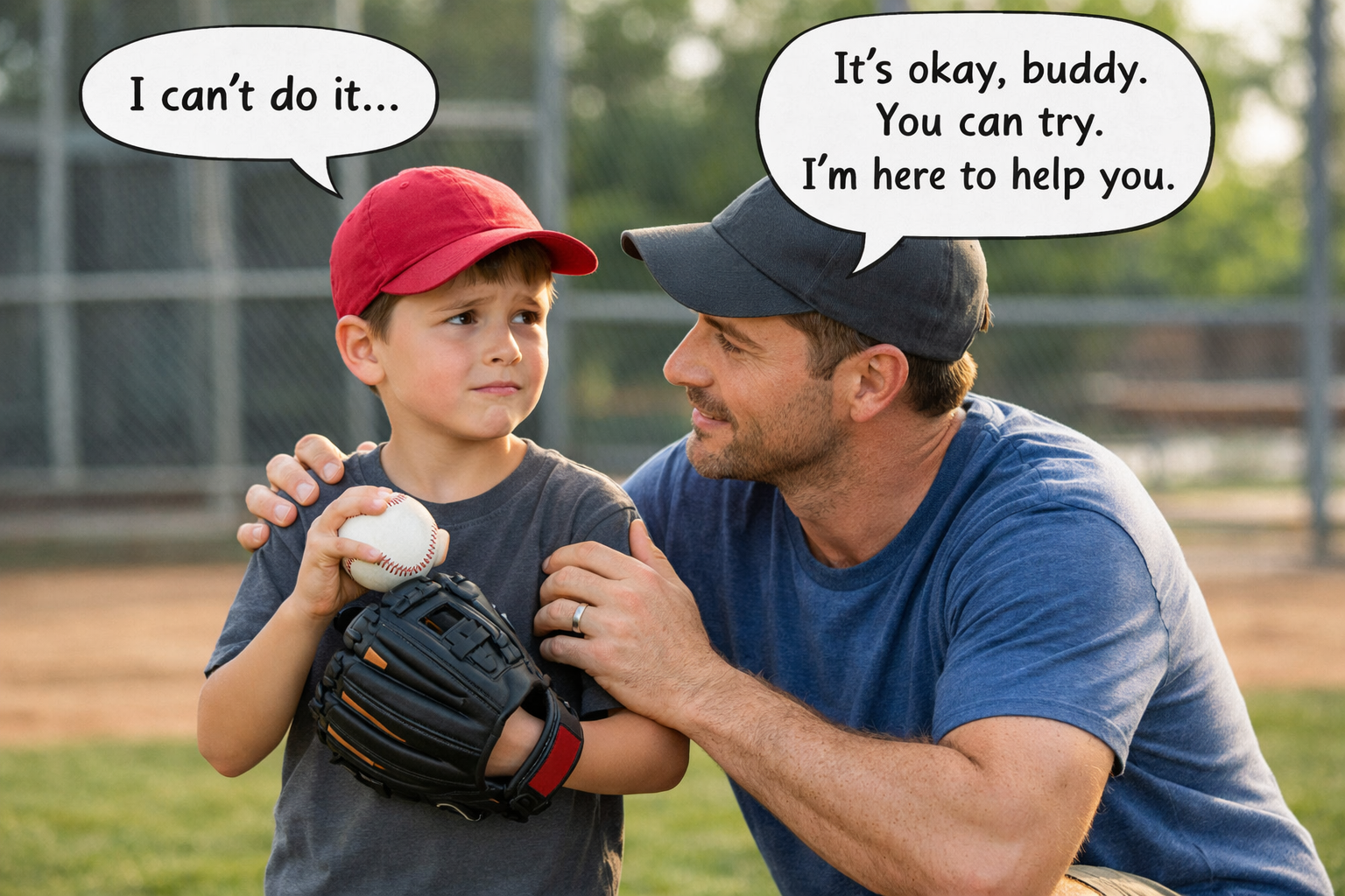 Hesitant child learning to shift from I can’t to I can try with calm emotional support