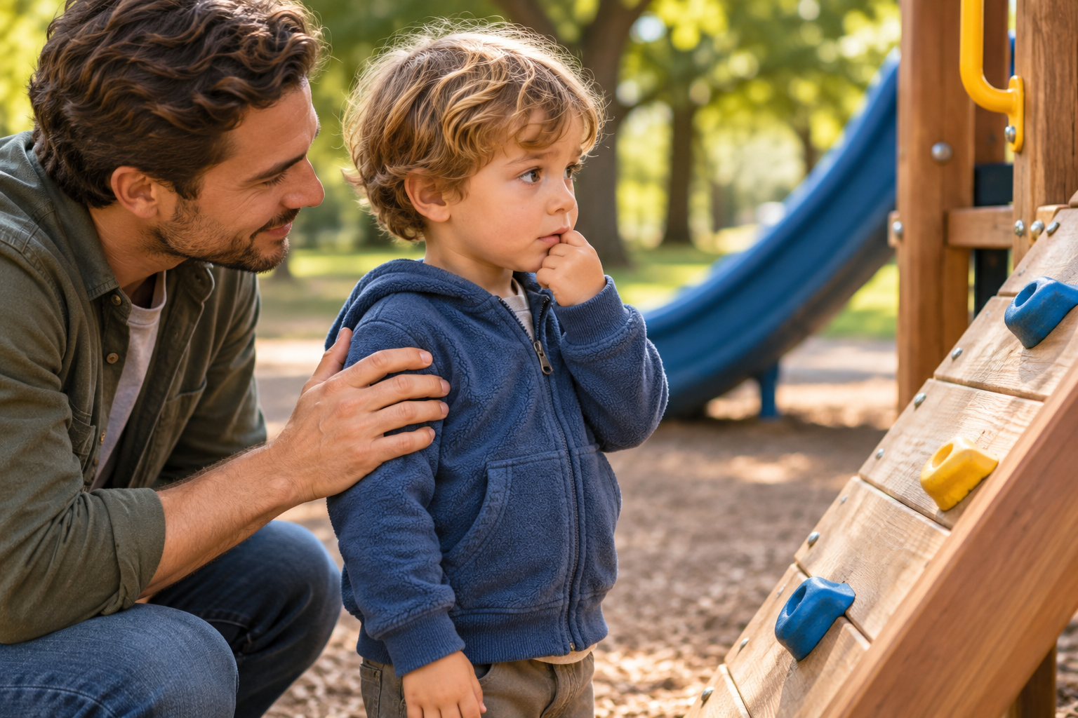 Hesitant child pausing before a new activity while a parent offers calm support.