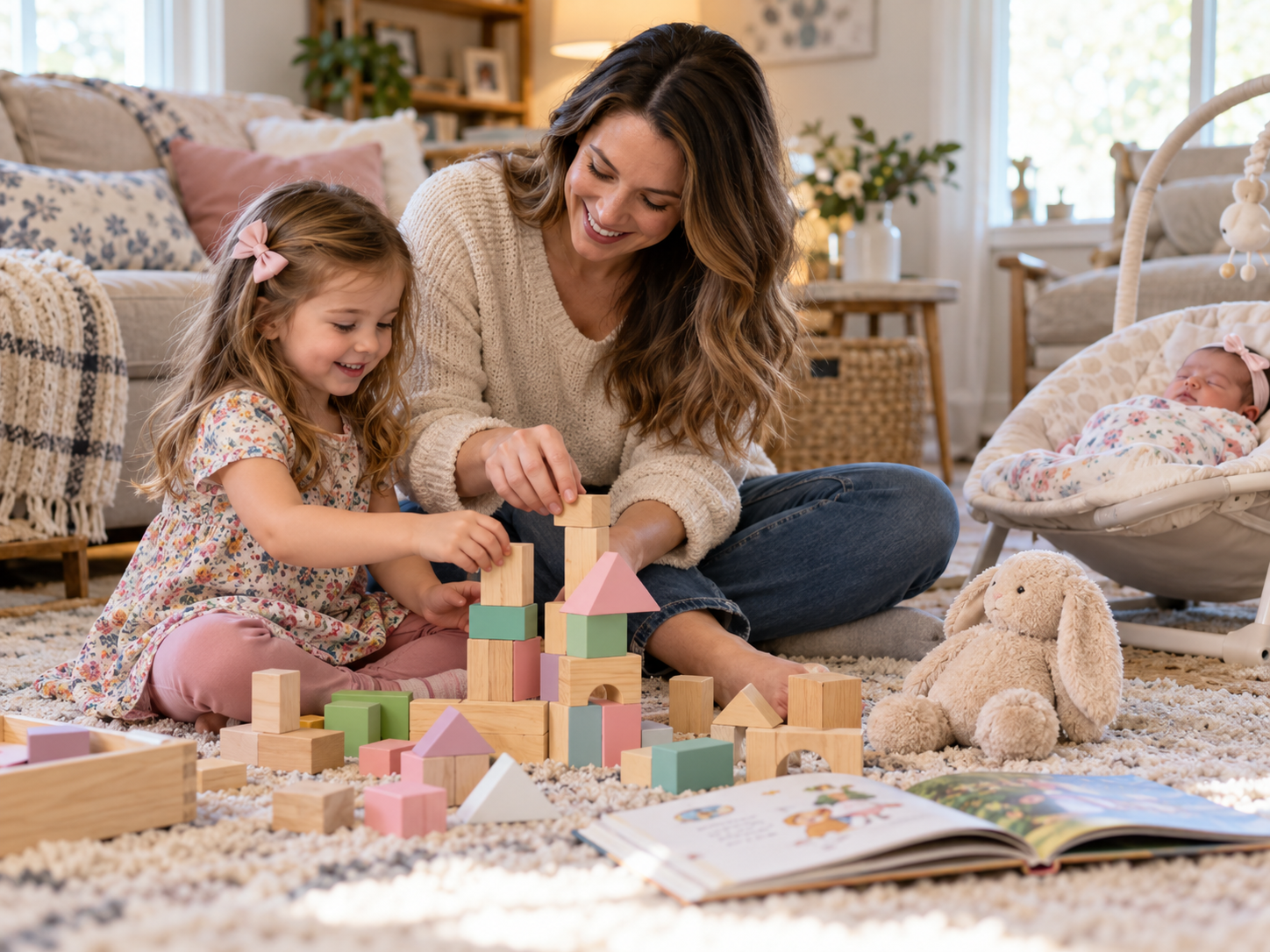 Parent spending individual playtime with an older preschool child while a new baby rests nearby.