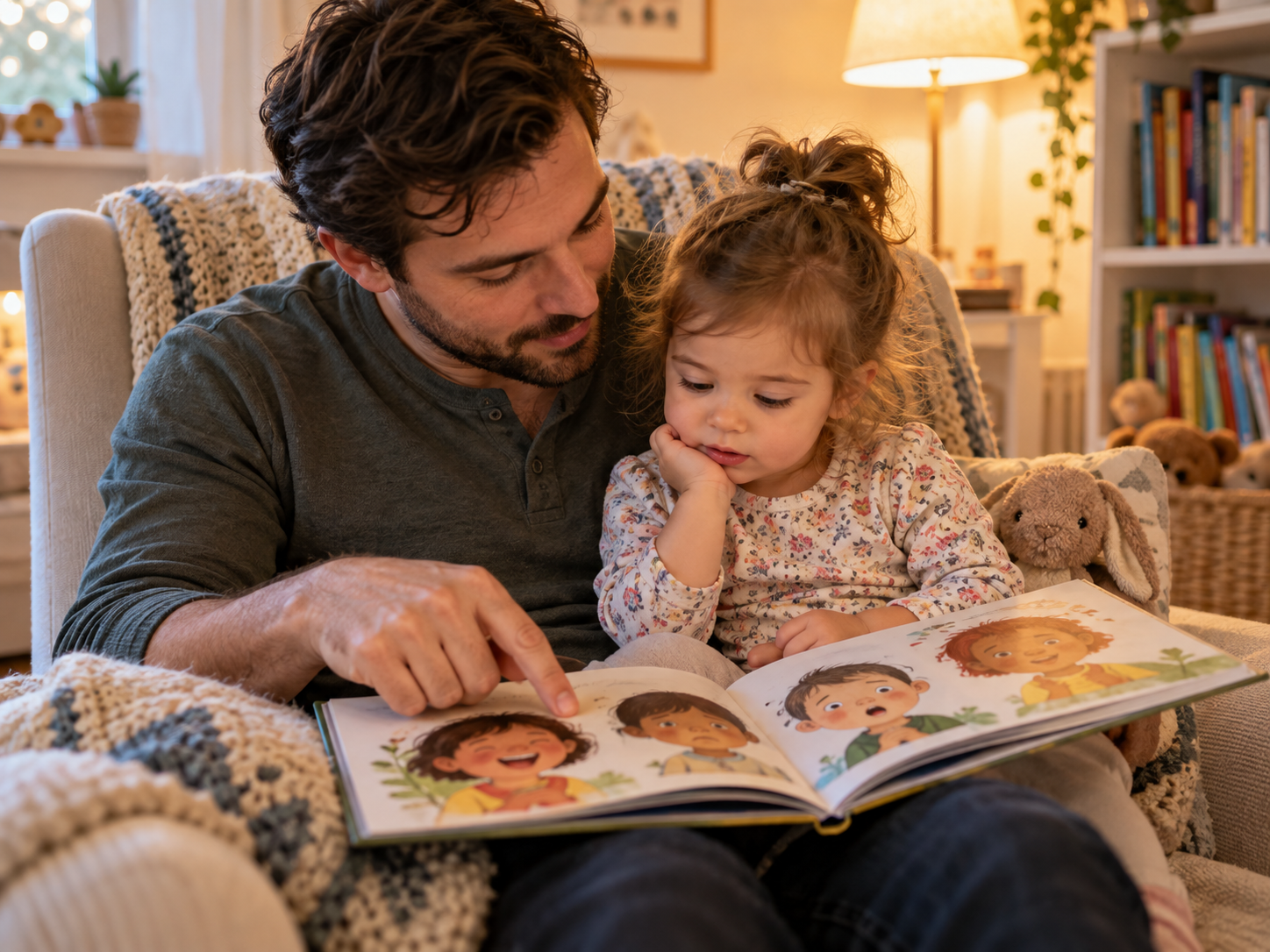 Father and daughter looking closely at the emotions in a picture book during a read-aloud.