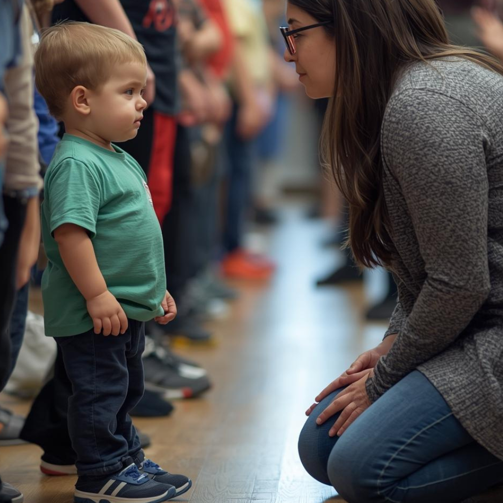 Child paused at the start of an activity while a parent kneels calmly at eye level offering support