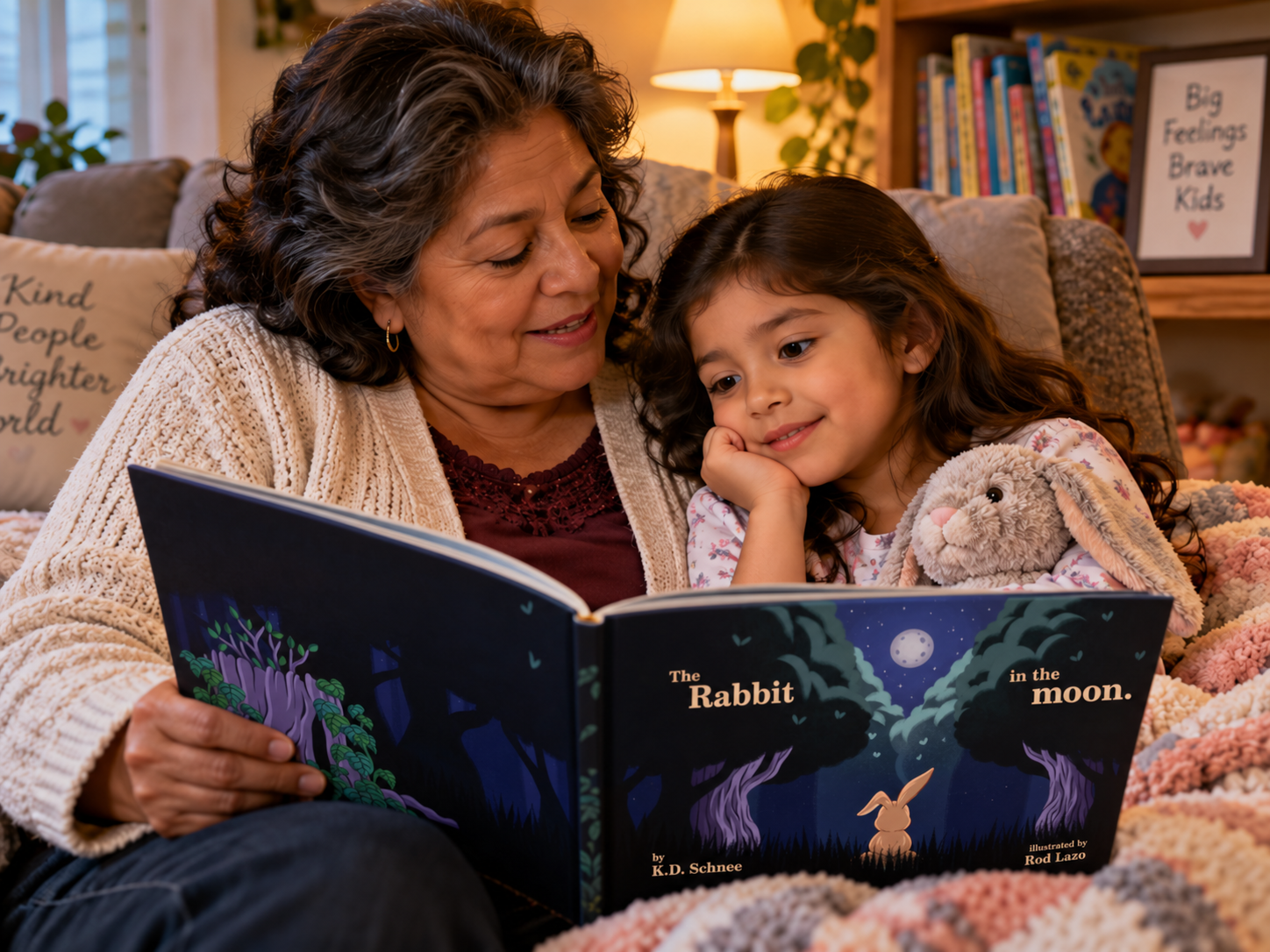 Parent and young child reading a picture book together as a way to talk about feelings, worry, courage, and difficult experiences.