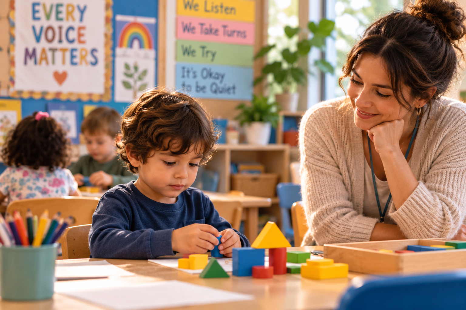 Preschool child participating quietly in a classroom while a teacher gives the child space to communicate without pressure.