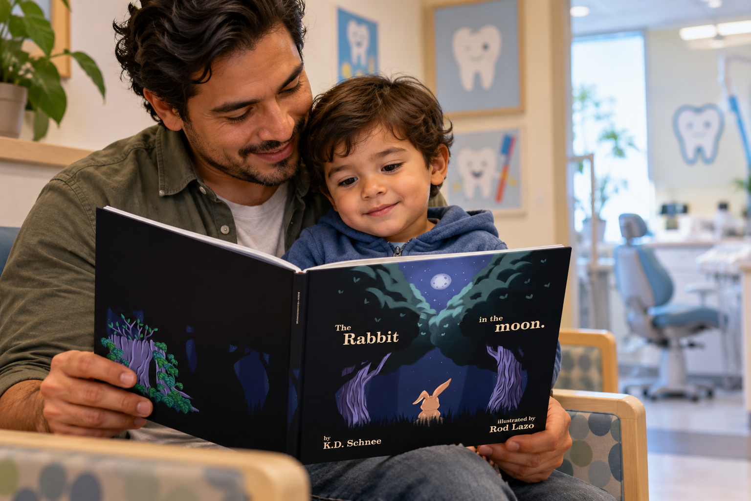 Parent reading the rabbit in the moon picture book with a toddler before a dentist appointment to make the unfamiliar experience easier to understand.