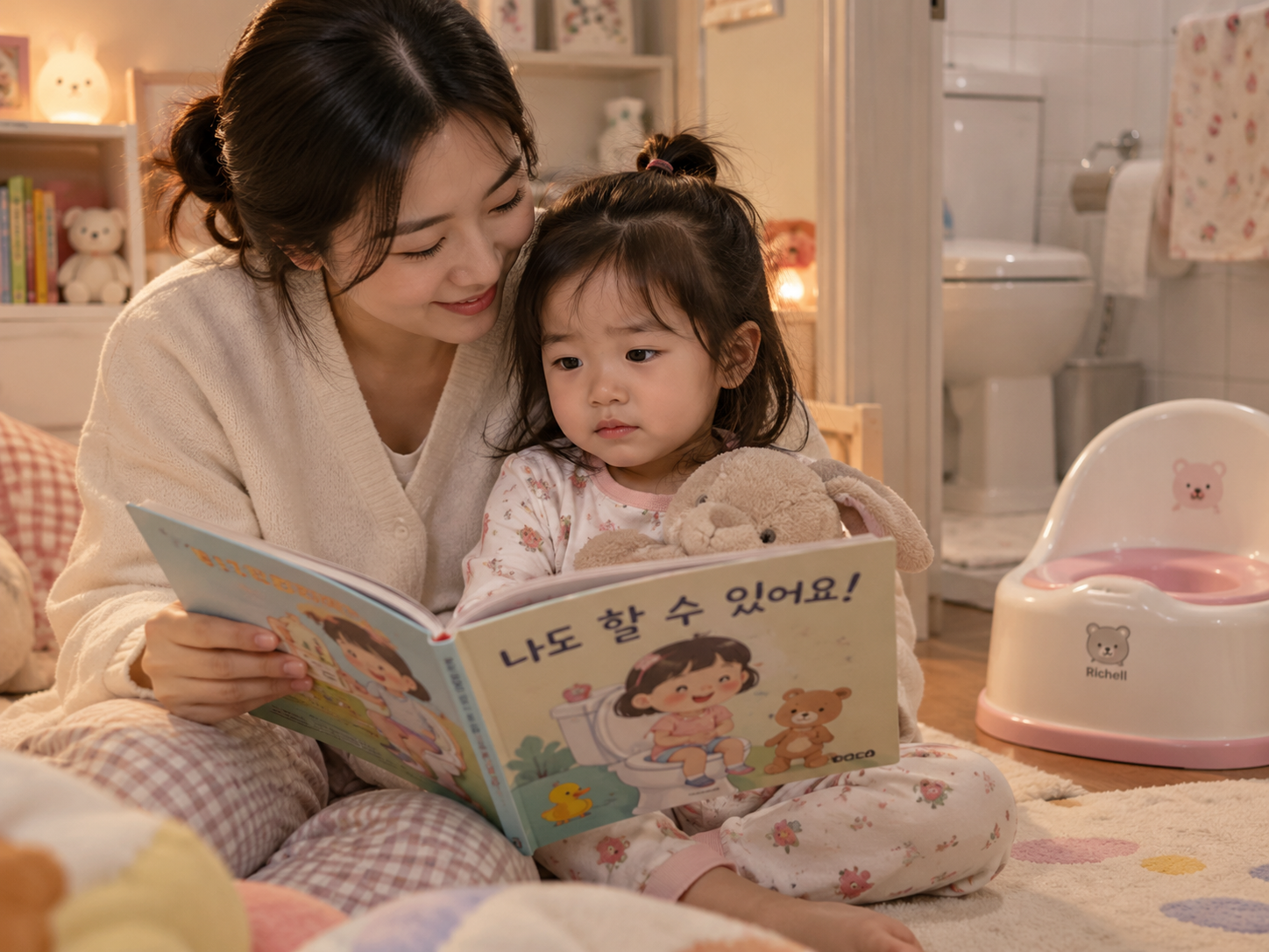 Parent reading a potty-training picture book with a nervous toddler before practicing toilet use.