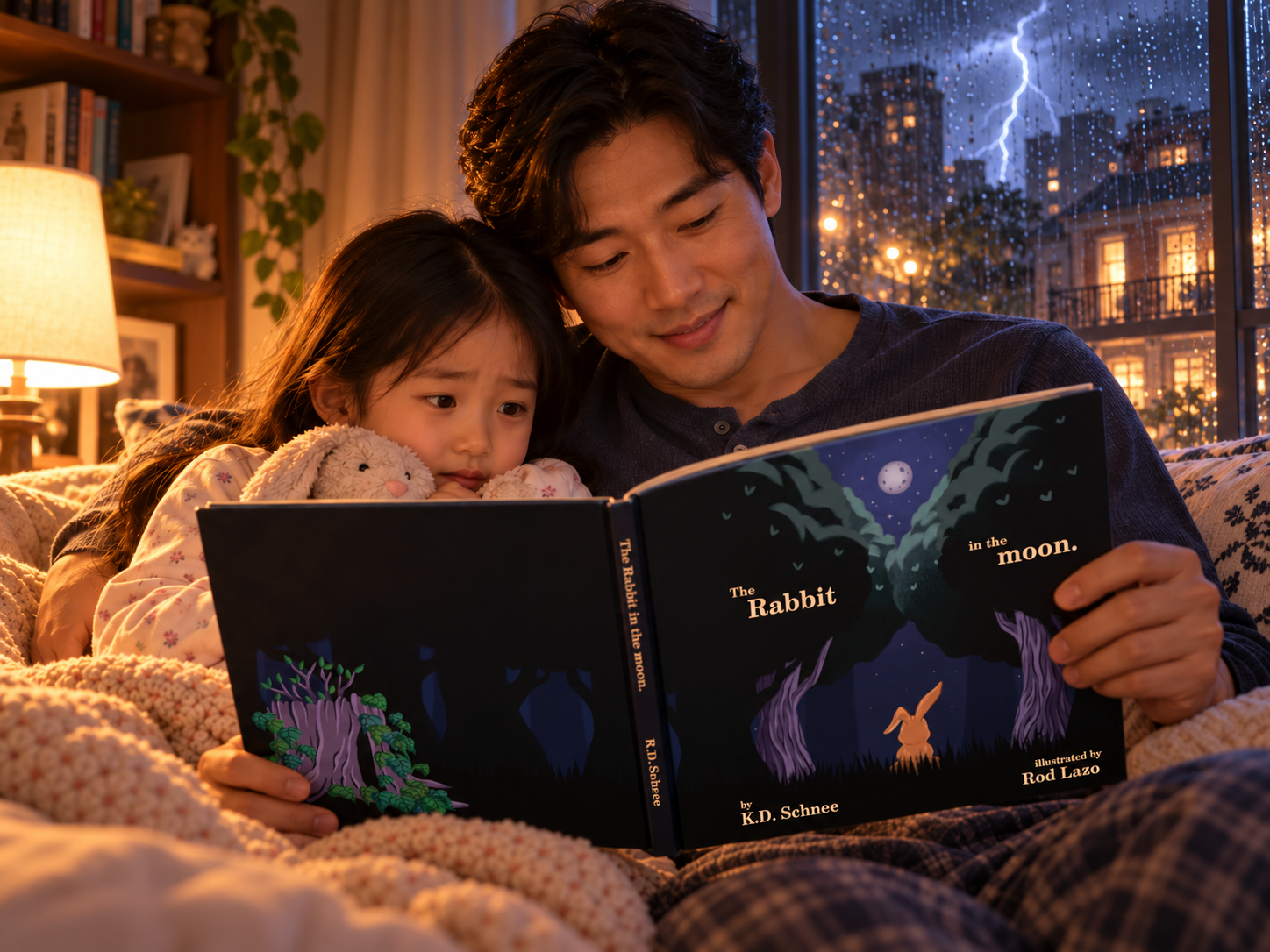 Parent reading a picture book with a child during a thunderstorm to help make the fear feel more manageable.