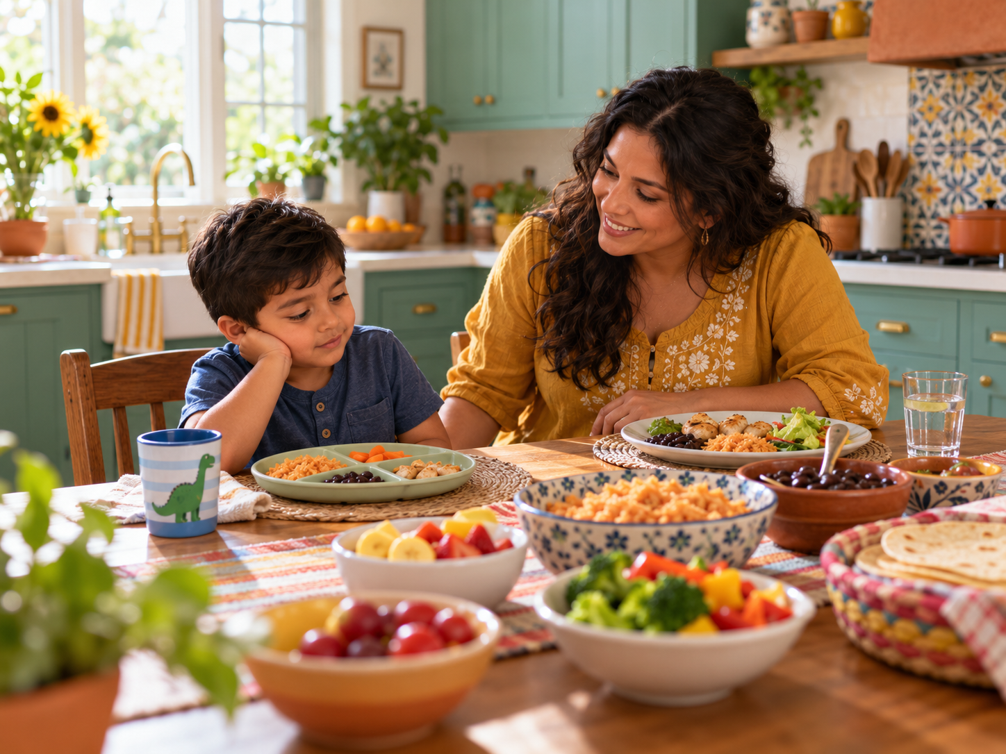 Young child sitting with a parent at a family table while familiar and unfamiliar foods are served without pressure.