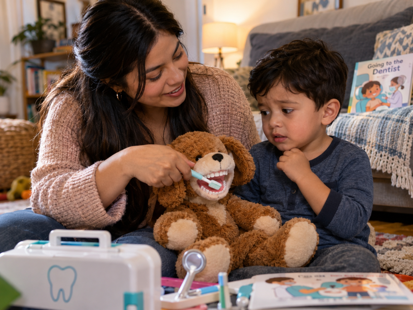 Pretend dental play can help an anxious toddler become familiar with opening their mouth, having teeth counted, and seeing simple dental tools before the real appointment.