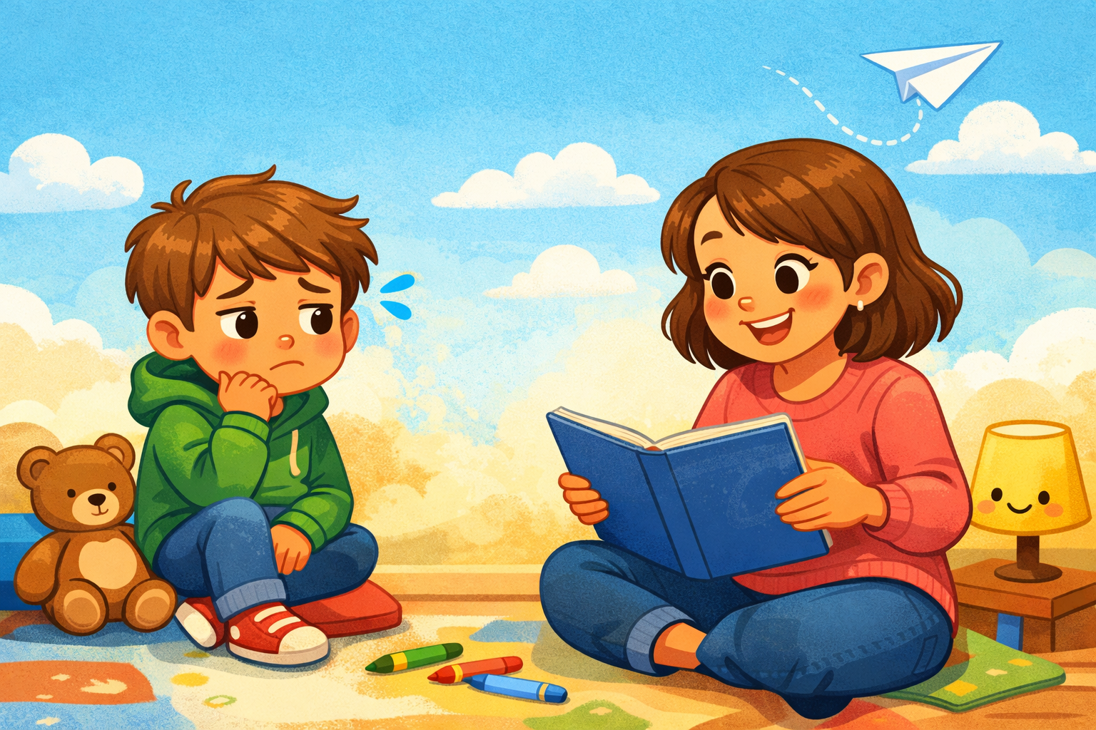 Hesitant child listening to a picture book about self-kindness, courage, and taking a small first step