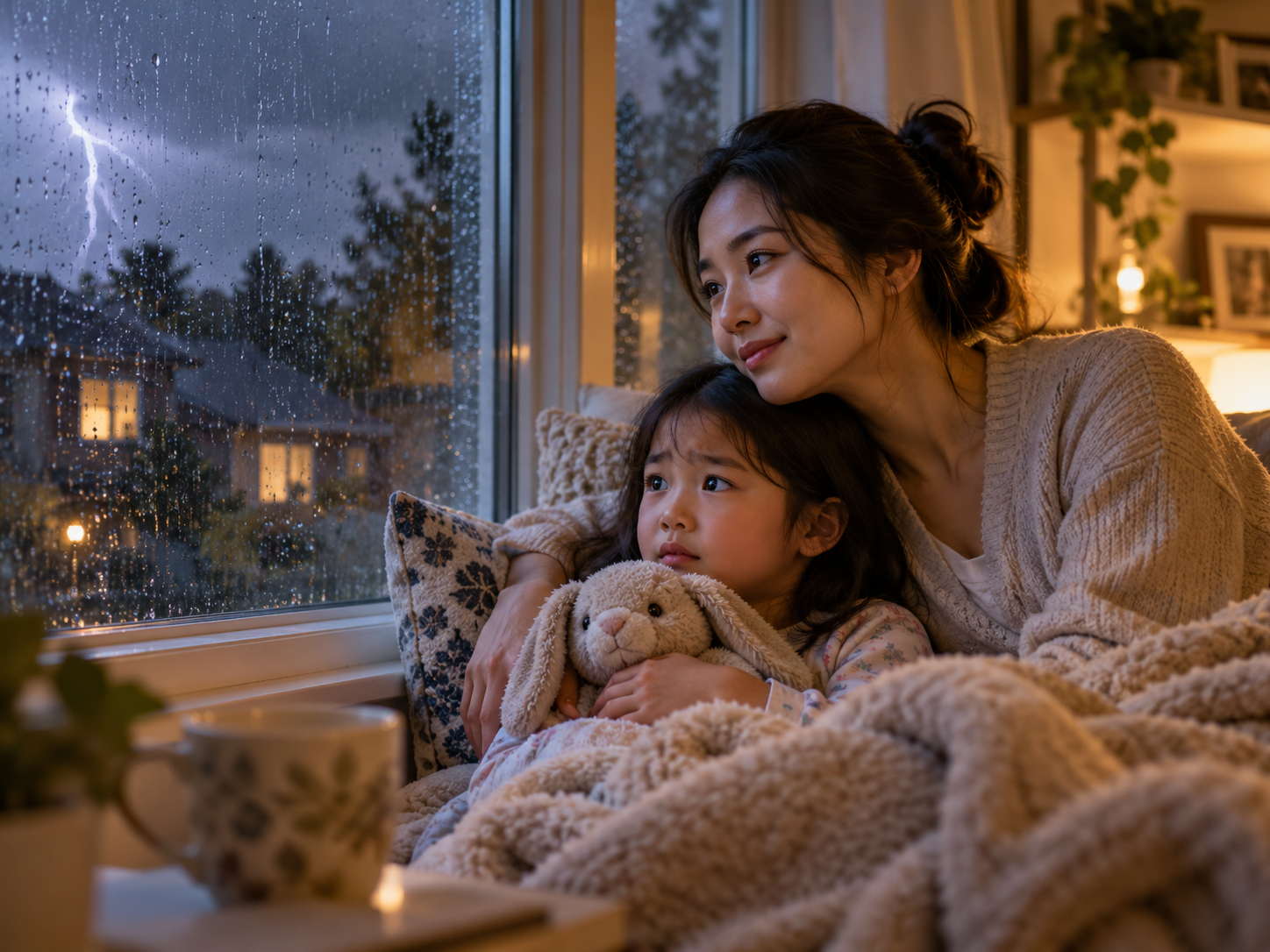 Parent sitting with a worried child indoors during a thunderstorm while calmly watching the rain together.