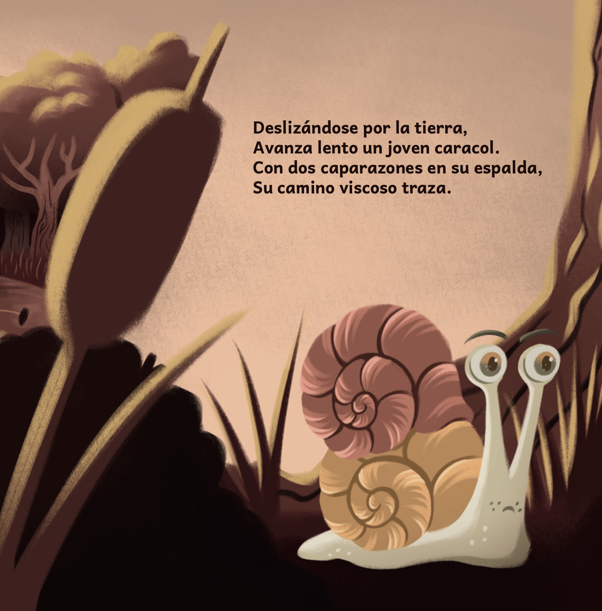 Snail en El Conejo en la Luna, una historia infantil en español sobre aprender a dar pequeños pasos valientes