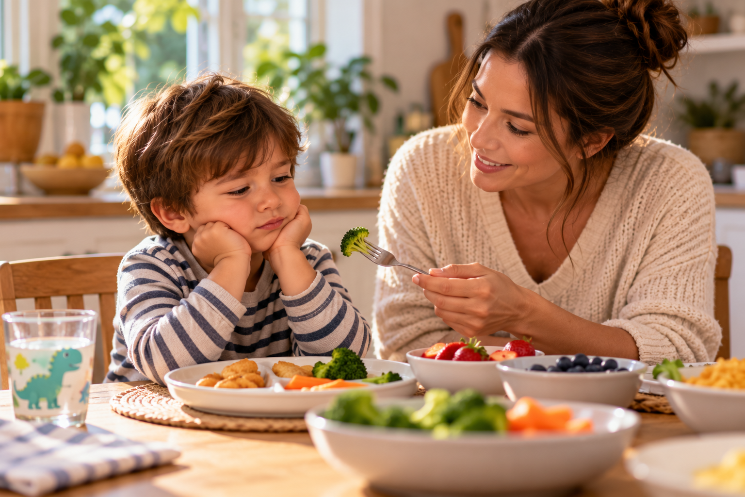 Parent sharing a relaxed family meal with a picky young child while offering familiar and unfamiliar foods without pressure.