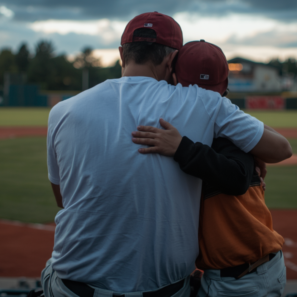 A father consoling his young son after losing a baseball game, showing how children can learn to handle disappointment with comfort, support, and tiny brave steps.